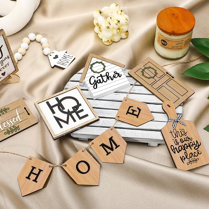 11 Pcs Home Tiered Tray Decor Gather Rustic Farmhouse Tiered Tray Decorations Set Home Wooden Signs Vintage Farm Animal Farmhouse Tabletop Wood Signs for Kitchen Table Shelf Decor