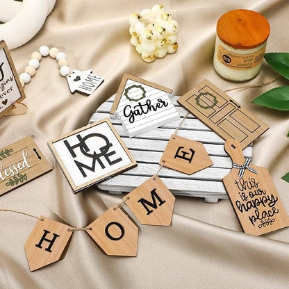 11 Pcs Home Tiered Tray Decor Gather Rustic Farmhouse Tiered Tray Decorations Set Home Wooden Signs Vintage Farm Animal Farmhouse Tabletop Wood Signs for Kitchen Table Shelf Decor