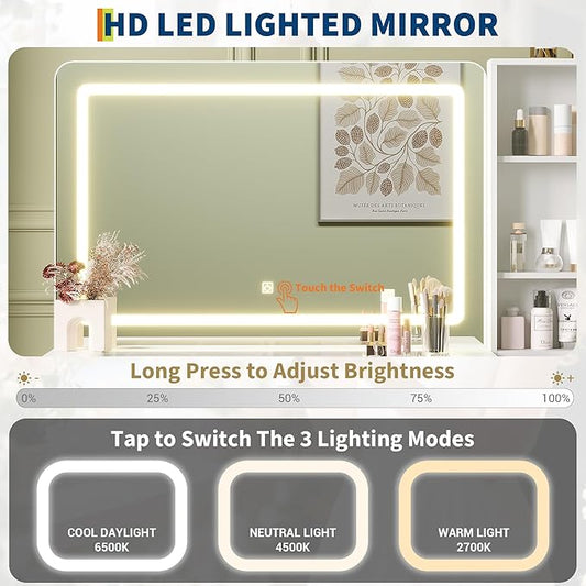 Vanity Desk with Mirror and Lights, 48" Makeup Vanity Table with 4 Drawers, 3-Shelves, Charging Station, Glass Top, 3 Color Modes & Adjustable Brightness, Modern Dressing Table Set for Bedroom - White