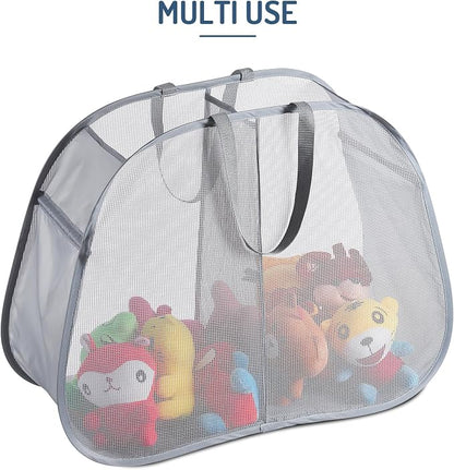 Seiritex Mesh Popup Laundry Hamper 2 Compartment, Collapsible Laundry Sorter Basket Foldable Hamper for Clothes, College Dorm, Travel (Gray)