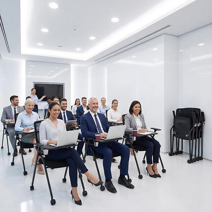 Updated Conference Room Chairs with Tablet Arm, Folding Office Desk Chair with Lumbar Support and Sliding Armrest with Casters, Stackable Office Guest Chairs & Reception Chairs, 20 Pack Black