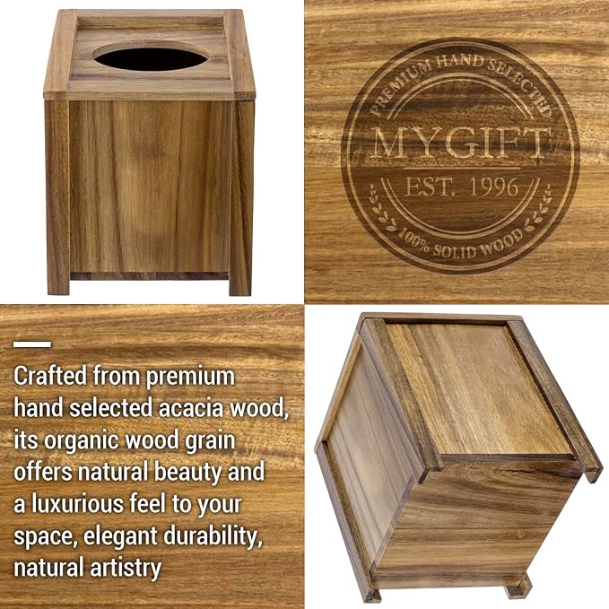 MyGift Premium Acacia Solid Wood Square Tissue Box Holder with Magnetic Lid, Decorative Rustic Wooden Framed Edge Trim Cube Cover Facial Tissues Dispenser