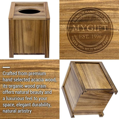 MyGift Premium Acacia Solid Wood Square Tissue Box Holder with Magnetic Lid, Decorative Rustic Wooden Framed Edge Trim Cube Cover Facial Tissues Dispenser