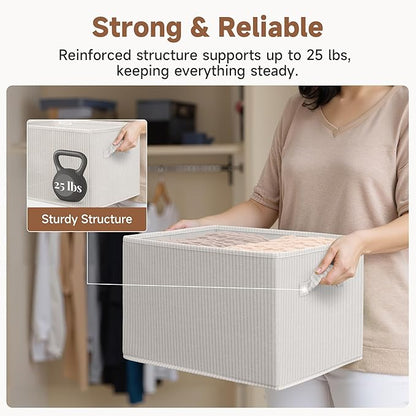 StorageWorks Storage Baskets for Shelves, Foldable Fabric Closet Storage Bins with Handles, Fabric Storage Bins Clothes Organizer, Beige Stripes, 3-Pack, Extra Large