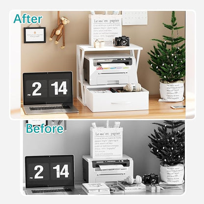 aboxoo Printer Stand for Desk with Storage Drawer, 2 Tier Desktop Or UnderDesk Shelf, Multi-Purpose Desk Organizer for Home Office, fit Fax Machine/3D Printer/Scanner, White