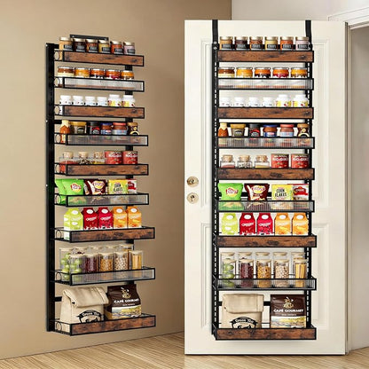 9 Tier Over the Door Pantry Organizer 2 IN 1 Hanging or Wall Mounted Spice Rack with Adjustable Basket,Heavy Duty Seasonning Storage Shelf for Kitchen Pantry and Bathroom Black