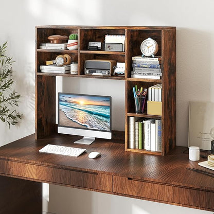 Desk Hutch, Desktop Shelf with 7 Shelves, Desk Bookshelf w/Anti-Toppling Devices, Wood Table Top Bookshelf Organizer, Small Desk Shelf for Study, Office, Dorm (Rustic Brown, 7 Shelves)