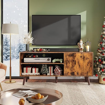WLIVE TV Stand for 55 Inch TVs, Entertainment Center with Storage Cabinet, Mid-Century TV Stands for Living Room and Bedroom, 50" TV Console, Brown | with Storage Cabinet