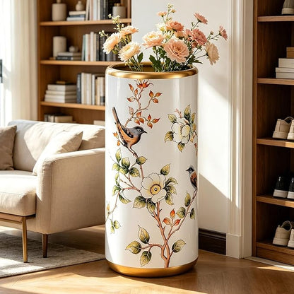 White, Ceramic Umbrella Stand, Household Entryway Umbrella Holder, Hand-Painted Patterns, Wide Mouth, Floor-Standing Ornamental Vase, Freestanding Walking Stick