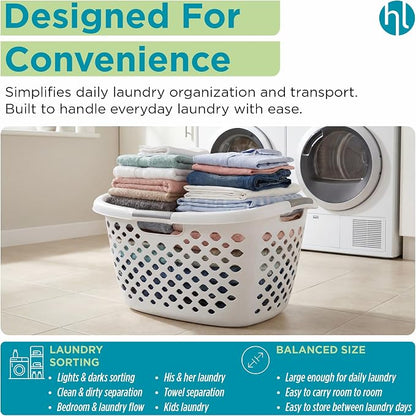 Home Logic 1.75 Bushel Plastic Laundry Basket with Hip Grip, Large Laundry Hamper with Handles, Ventilated Clothes Organizer for Bedroom Bathroom Closet, 2 Pack, White
