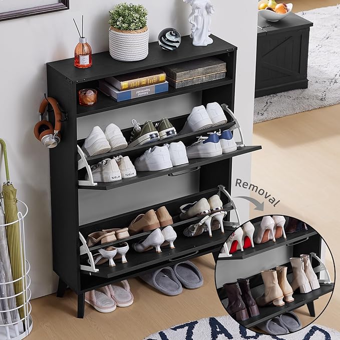 Shoe Storage Cabinet With 2 Flip Drawers, Farmhouse Organizer for Entryway, Narrow Hidden Rack With Wooden Legs & Open Storage, Free Standing Closet for Foyer, Hallway, Black