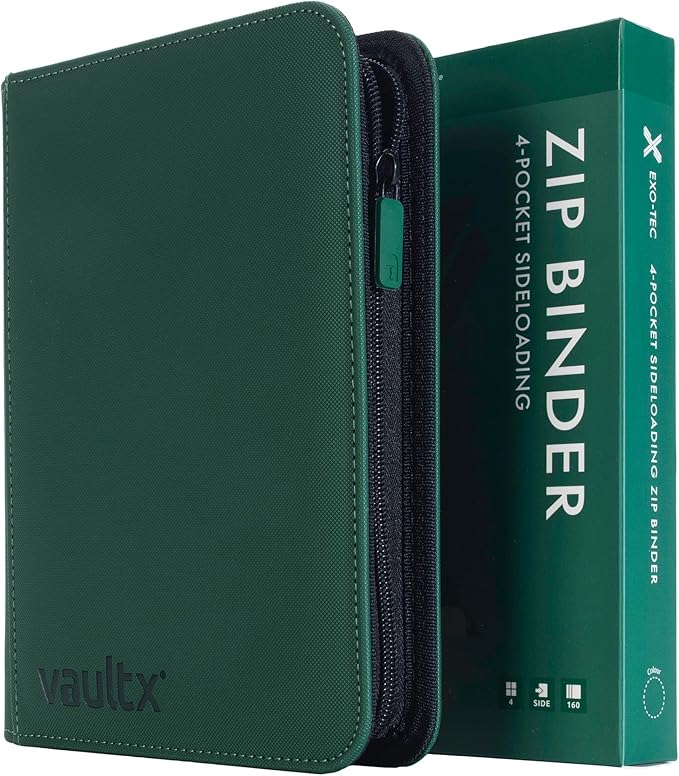 Vault X 4 Pocket Zip Binder, 160 Cards, Exo-Tec Material, 20 Side-Loading Pages (Green)