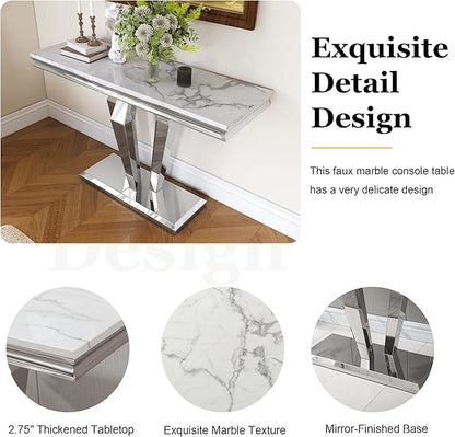 47 inch Silver Console Table, Modern Entryway Table with Diamond-Shaped Metal Base for Entrance, Hallway, Living Room (White Faux Marble & Silver)