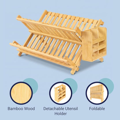 happimess DSH2000A Arlen Farmhouse Bamboo Foldable 2-Tier Dish Drying Rack with Detachable Utensil Holder, Natural