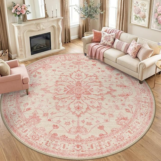 RELEANY Area Rugs Round 8ft Washable Non-Slip, Floral Vintage Distress Medallion Carpet for Living Room Bedroom Dining Room, Pink Light Vintage Pink