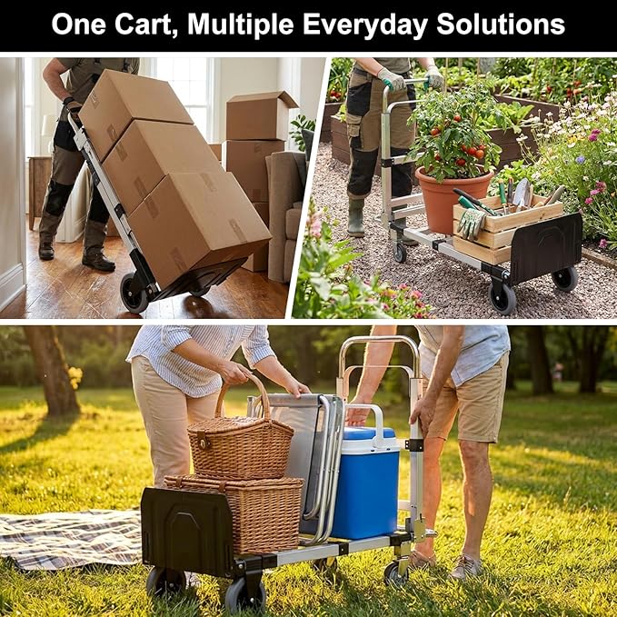 Folding Hand Truck Dolly, 500 lbs Heavy-Duty Convertible Cart, Aluminum Alloy Collapsible Design with Silent Rubber Wheels, Adjustable Handle, Flat Fold for Moving, Home, Office (Black)