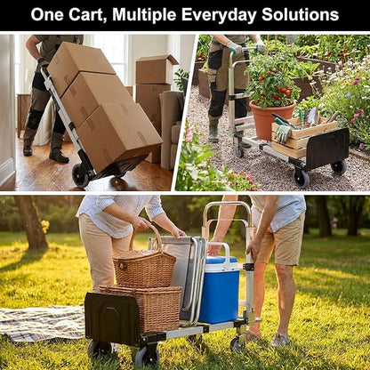 Folding Hand Truck Dolly, 500 lbs Heavy-Duty Convertible Cart, Aluminum Alloy Collapsible Design with Silent Rubber Wheels, Adjustable Handle, Flat Fold for Moving, Home, Office (Black)