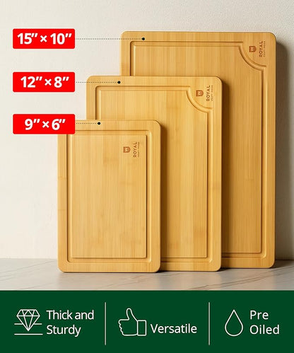 ROYAL CRAFT WOOD Wooden Cutting Boards for Kitchen Meal Prep & Serving - Bamboo Wood Serving Board Set with Deep Juice Groove Side Handles - Charcuterie & Chopping Butcher Block for Meat