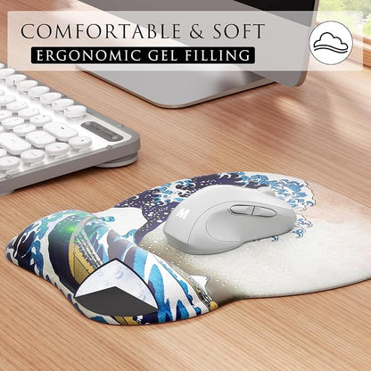 MROCO Ergonomic Mouse Pad with Gel Wrist Rest, 9.4 x 8.1 in, Great Wave | Ergonomic Shape Design, Multiple Pattern Options, Gel Wrist Comfort, Smooth Lycra Surface, Non-Slip PU Base