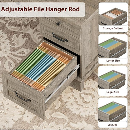 53.5" Farmhouse Home Office Desk with File Cabinet, Wooden Executive Desk with Power Outlet, Work Desk with Drawers, Traditional Wood Desk for Home and Office, Gray