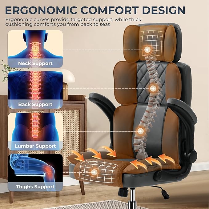 Office Chair with Adjustable Headrest, Faux Leather Executive Home Office Desk Chairs with Ergonomic Back Support, Padded Flip-Up Armrests, Swivel Rolling Computer Chair for Work, Study, Gray