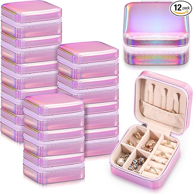 Yinkin 12 Pcs Mini Travel Jewelry Case Bridesmaid Proposal Gift Boxes, Small PU Leather Earring Organizer, Bulk Travel Accessories Portable Jewelry Holder(Glossy Pink)
