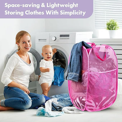 DUCOO Pop Up Laundry Hamper, 70L Collapsible Mesh Laundry Basket with Side Pocket, Foldable Dirty Clothes Hamper with Sturdy Reinforced Handles for Home Dorm Bedroom Travel Bathroom Storage, Pink
