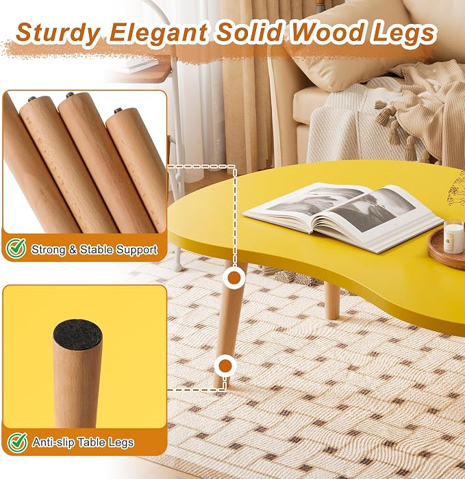 Coffee Table Low Table with Solid Wood Legs, 31.5x19.7" Large Coffee Table Side Table, Floor Table Desk for Sitting on The Floor, Living Room Furniture for Office Apartment Home, Mango Yellow