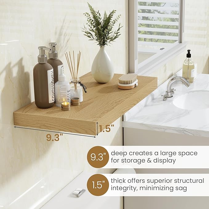 36 Inch Long Floating Shelves for Wall, 9.3 Inch Deep Floating Shelf with Heavy-Duty Bracket, 2 Pack Long Shelves for Bathroom, Living Room, Bedroom, Wall Mounted Storage Shelf for Books Decor, Oak