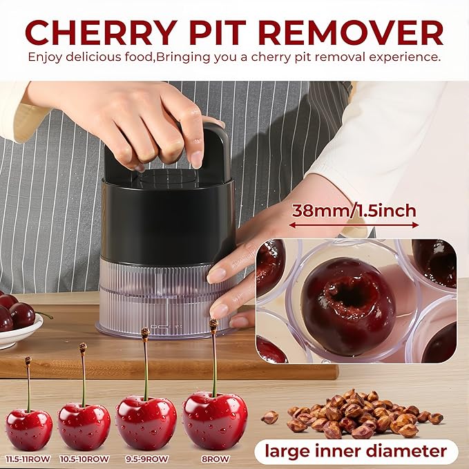Cherry Pitter Tool, 7-in-1 Cherry Stoner with 1.5" Large Jumbo Cherry Slots | Clear Anti-Splash Pit Container, Easy Press Ergonomic Handle, Dishwasher Safe Multi Fruit Pitter for Homemade Desserts