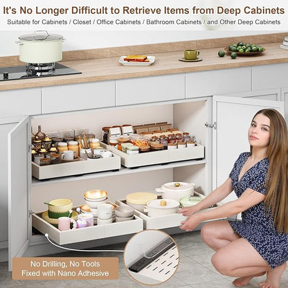 Pull out Cabinet Organizer,Expandable Width(11"-16"),Depth(13"-17") with 3 Rails,Roll out Drawers,No Drill Adjustable Slide out Shelves for Kitchen,Pantry,for Both Lip and Lip-Free Cabinets,White(1PC)