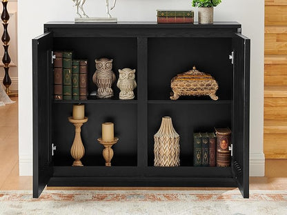 LKTART Buffet Cabinet Sideboard with Storage, Mid Century Modern Accent Credenza Cabinet with Doors & Shelves, Wood Coffee Bar Console Table for Dining Room,Kitchen,Entryway-Black
