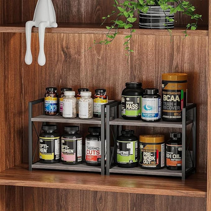 Giikin Countertop Shelf Organizer, 2 Tier Kitchen Spice Rack for Countertop, Wood Coffee Counter Shelf for Home, Particle Board and Metal, Grey, Small