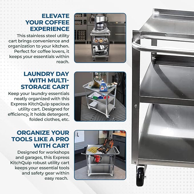 Commercial Stainless Steel 3-Shelf Utility Kitchen Cart – 28" x 18" x 33" | Rolling Metal Storage Cart with Casters for Restaurant, Kitchen, Garage
