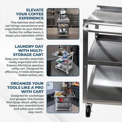 Commercial Stainless Steel 3-Shelf Utility Kitchen Cart – 28" x 18" x 33" | Rolling Metal Storage Cart with Casters for Restaurant, Kitchen, Garage
