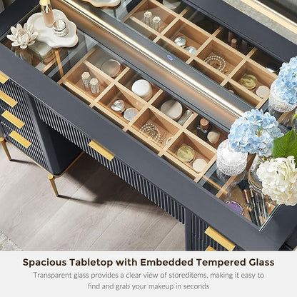 T4TREAM 48" Fluted Makeup Vanity Desk with 48" Large Mirror and HD LED Lights, Modern Vanity Table with 9 Drawers & Charging Station, Glass Top and Golden Handles Dressing Table for Bedroom,Dark Grey