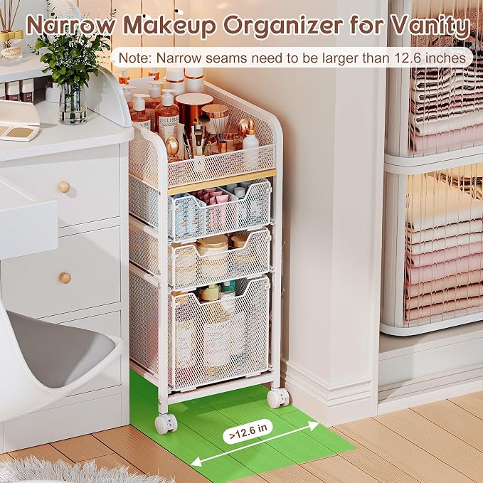 Hongtamoya Rolling Makeup Cart Organizer with 3 Drawers, Narrow Floor Skincare Organizers, Vanity Organizer Cosmetics Display Cases Holder for Skin Care Nail Polish Perfume Makeup Brush, White