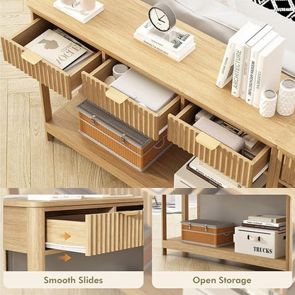 Fluted Console Table with Drawers, Modern 47.1" Entryway Table with Storage Shelf, Boho Narrow Skinny Behind Couch Wood Sofa Table for Living Room Hallway Entrance Foyer, Natural