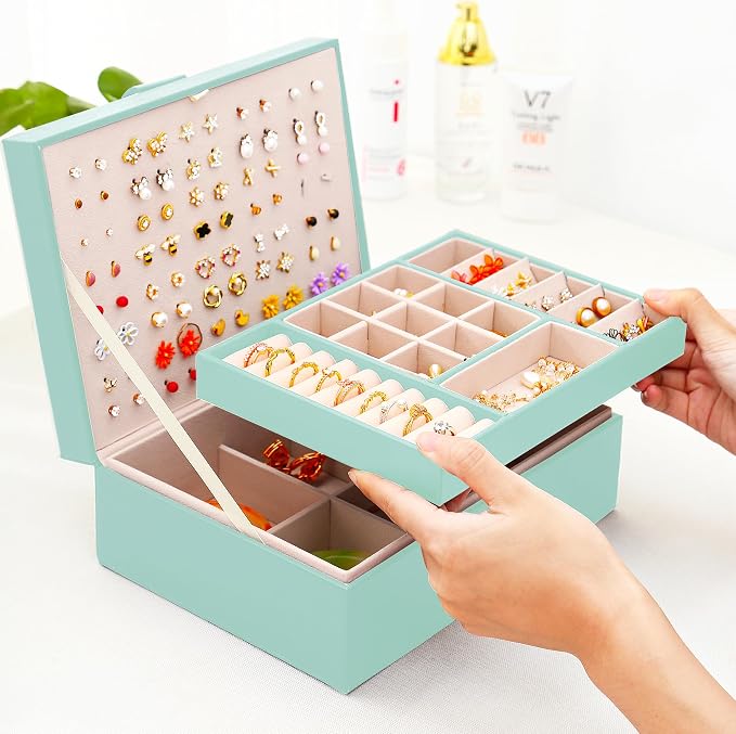 QBestry Girls Jewelry Box for Earrings Jewelry Organizer Box Teen Girls Earrings Organizer Jewelry Box Earring Holder Organizer Stud Earring Box for Girls Womens Jewelry Case Organizer Teal