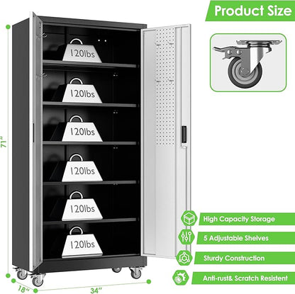 71" H×34" W×18" D Garage Storage Cabinet with Wheels, Lockable Metal Storage Cabinet with 5 Adjustable Shelves for Garage Warehouse Office Utility Room,Required Assembly,Black and Silver