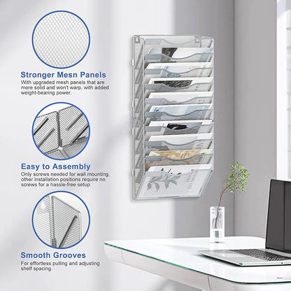 EasyPAG Wall File Organizer for Office 10 Pocket Mesh Wall Mounted Paper Organizer Hanging Folder Holder with Nametag Label for Home School, Silver