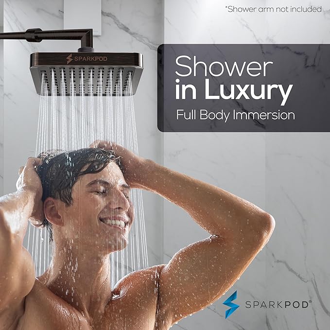 SparkPod Rain Shower Head, 6 Inch Square | High Pressure Shower Heads, 90 Nozzle (Touch-to-Clean), Adjustable Showerhead, No-tool Universal Connection