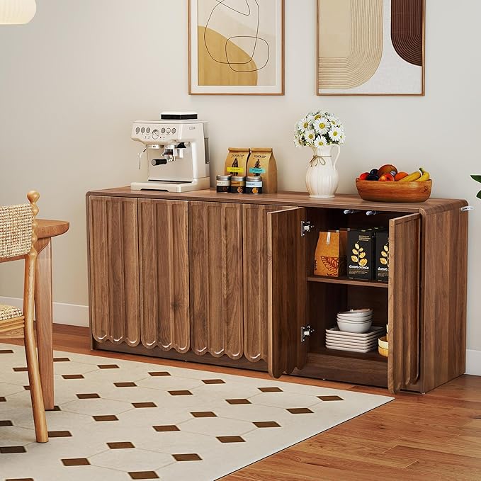 ORRD Sideboard Buffet Cabinet with Storage, Low Storage Cabinet Modern Wooden Accent Credenza Console Table TV Stand with 6 Wave Panel Doors for Kitchen Dining Living Room Entryway, Walnut