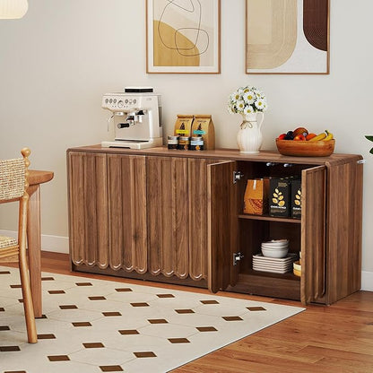 ORRD Sideboard Buffet Cabinet with Storage, Low Storage Cabinet Modern Wooden Accent Credenza Console Table TV Stand with 6 Wave Panel Doors for Kitchen Dining Living Room Entryway, Walnut