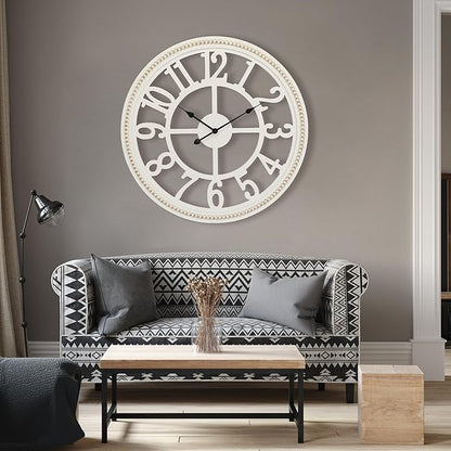 RiteSune Farmhouse Wall Clock 30 Inch, Large Wall Clock with Boho Beads, Wooden Silent Wall Clocks Battery Operated Easy Read, Clocks for Wall Decor
