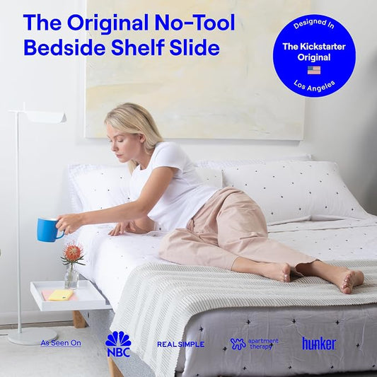 BedShelfie Bedside Shelf for Dorm Room Bunk Bed & Top Bunk, College Dorm Room Essentials, Bedside Caddy, Clip on Floating Desk Tray, Bed Side Table Storage, Loft Nightstand Decor- White Wood Slide
