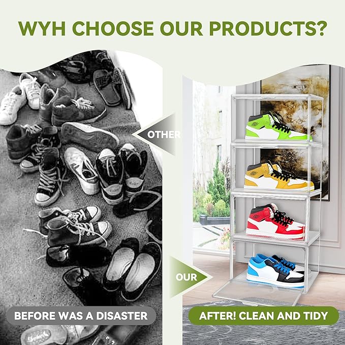 12 Pack Clear Sneaker Boxes Stackable Shoe Box Size 12.5, Acrylic Shoe Storage Organizer Transparent Storage Bins with Magnetic Acrylic Door for Closet, Sneaker Display, Cosmetic, Figure