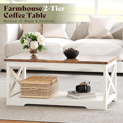 AMERLIFE 3-Piece Farmhouse Living Room Table Set with Coffee Table & 2 End Tables, Charging Station & USB Ports, Distressed White