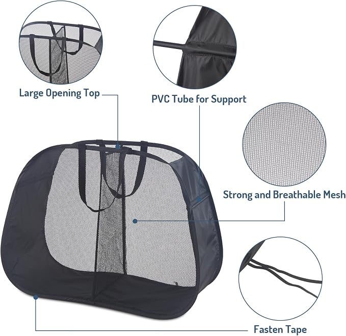 Seiritex Mesh Popup Laundry Hamper 2 Compartment, Collapsible Laundry Sorter Basket Foldable Hamper for Clothes, College Dorm, Travel (Black)