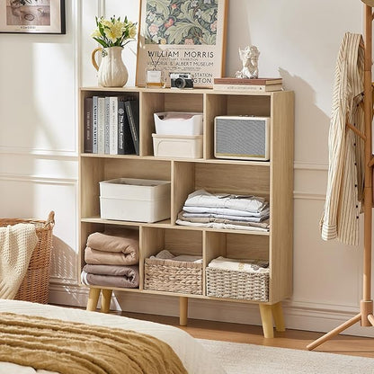 LEYAOYAO 8 Cube Bookshelf,3 Tier Bookcase with Legs,Light Wood Mid-Century Modern Bookshelves,Large Open Storage Organizer Shelf, Wooden Book Case